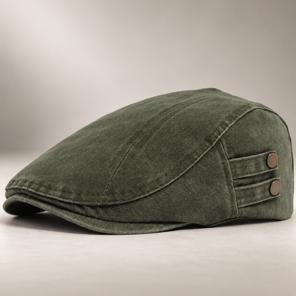 Bennett Washed Cotton Flat Cap with Side Button Detail