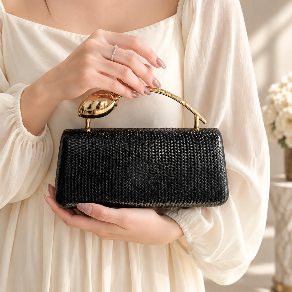 Camille Metallic Woven-Texture Evening Clutch with Sculptural Gold Handle