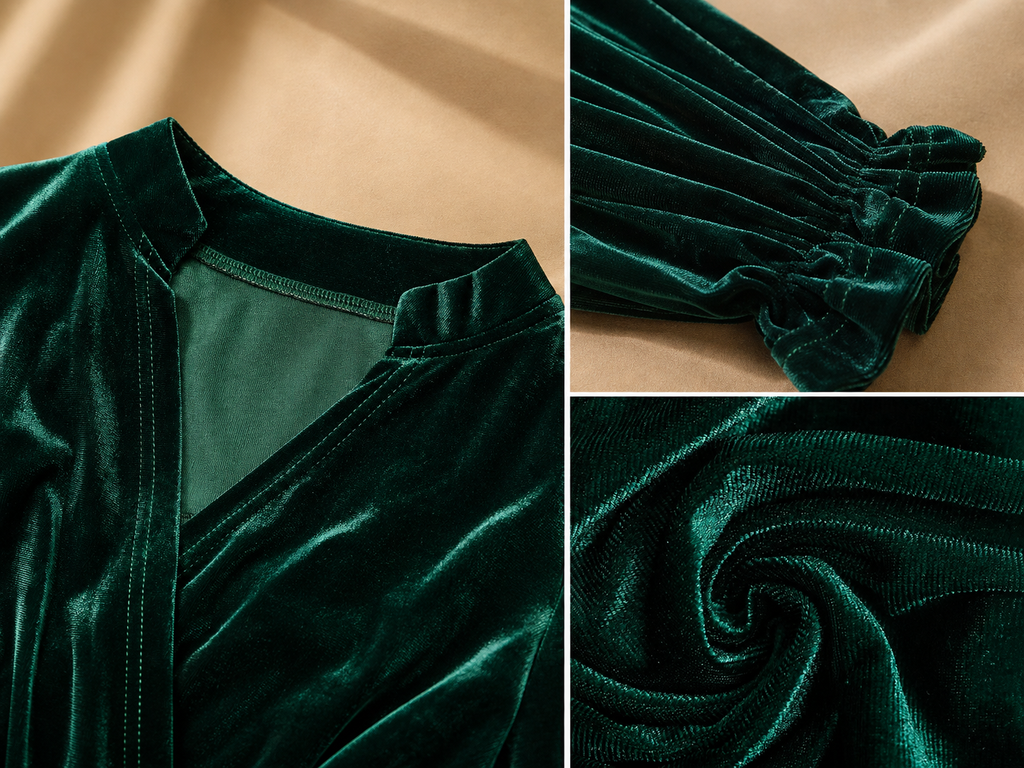Genevieve Velvet Mini Dress – Long Sleeve V-Neck Empire Waist Dress with Ruffle Cuffs