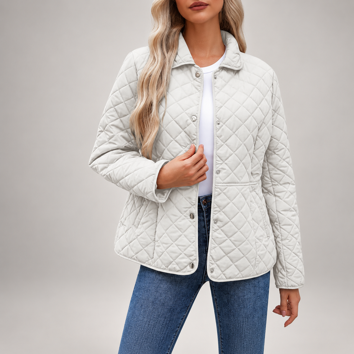 Isabelle Women’s Diamond Quilted Jacket – Snap Front Collared Lightweight Coat