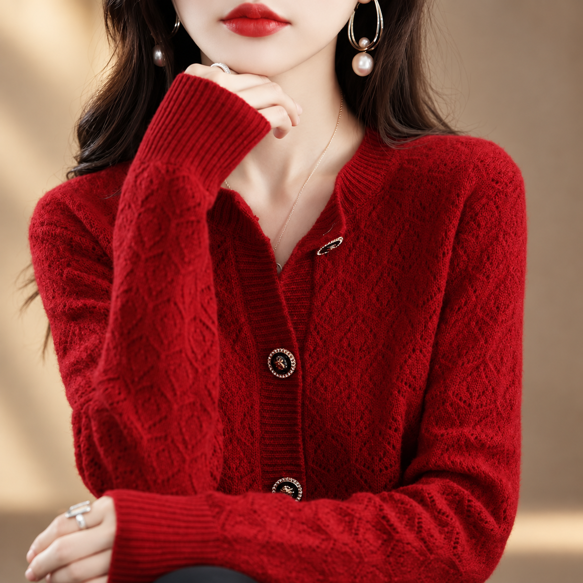 Amelie Women's Pointelle Knit Button-Front Cardigan with Decorative Buttons