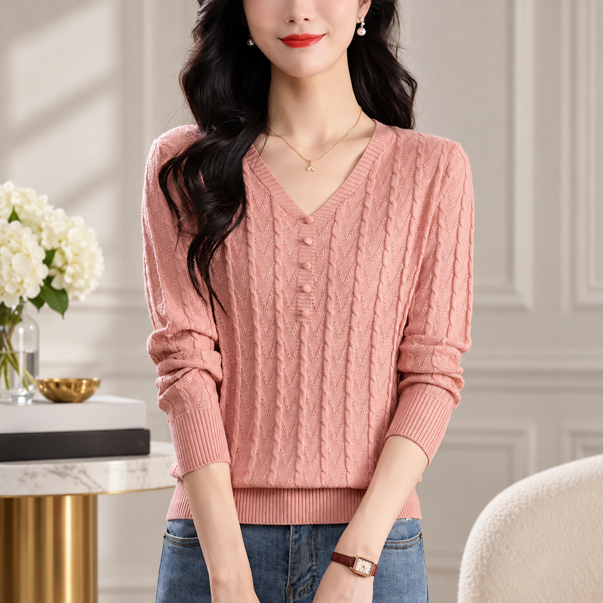 Francesca Women's Cable Knit V-Neck Sweater with Decorative Button Placket
