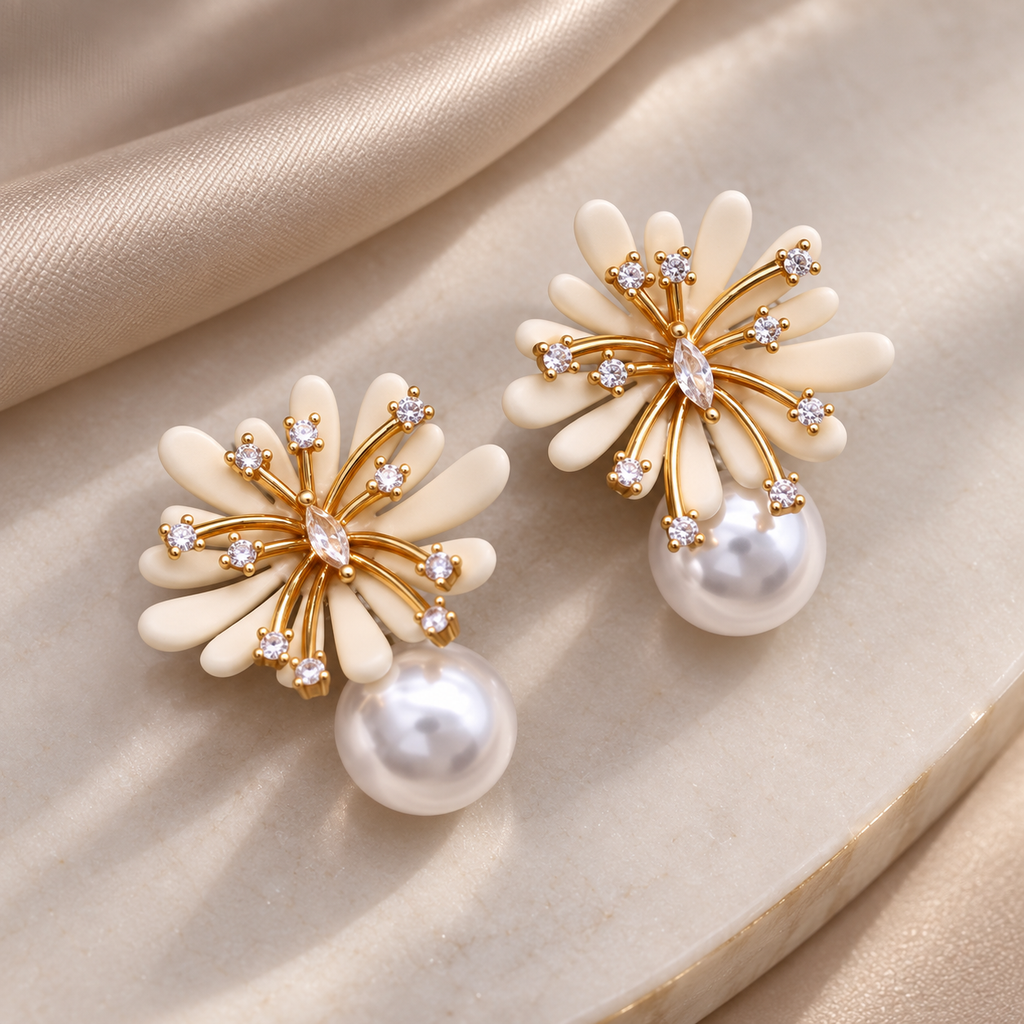 Camille Floral Pearl Drop Stud Earrings – Crystal Accent Flower Statement Earrings