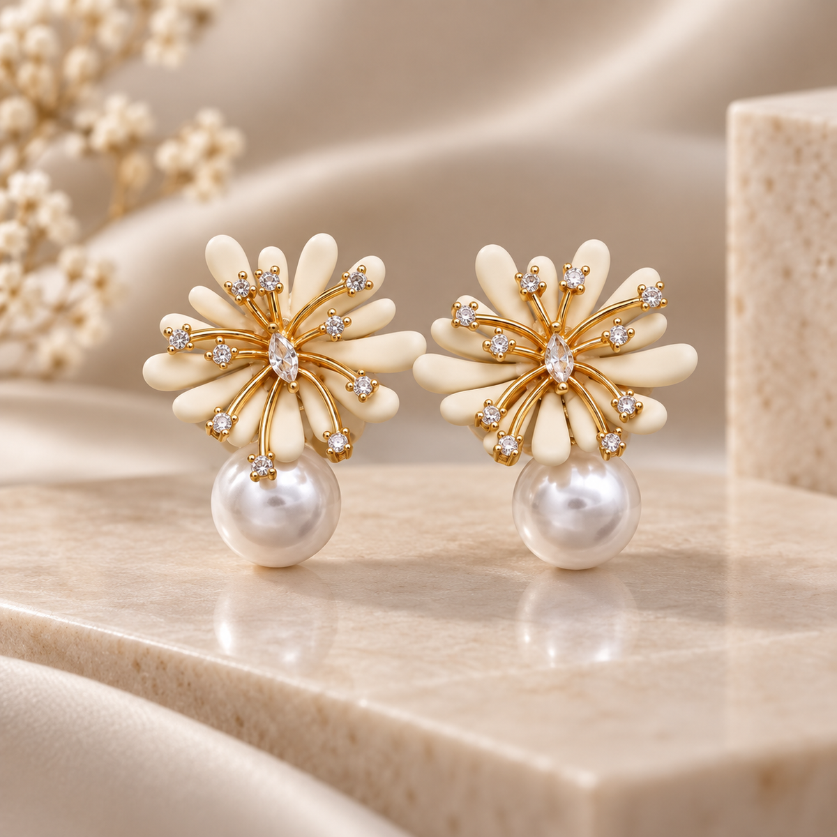 Camille Floral Pearl Drop Stud Earrings – Crystal Accent Flower Statement Earrings