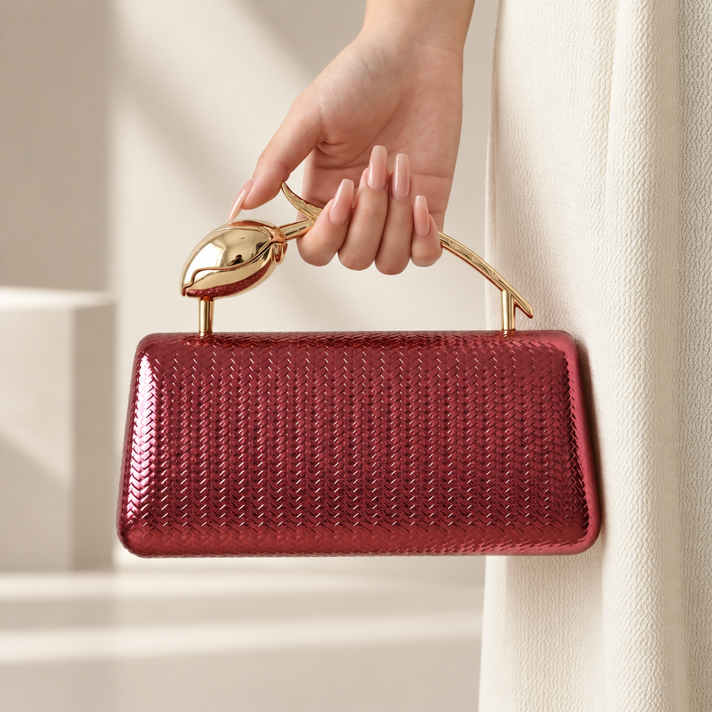 Camille Metallic Woven-Texture Evening Clutch with Sculptural Gold Handle