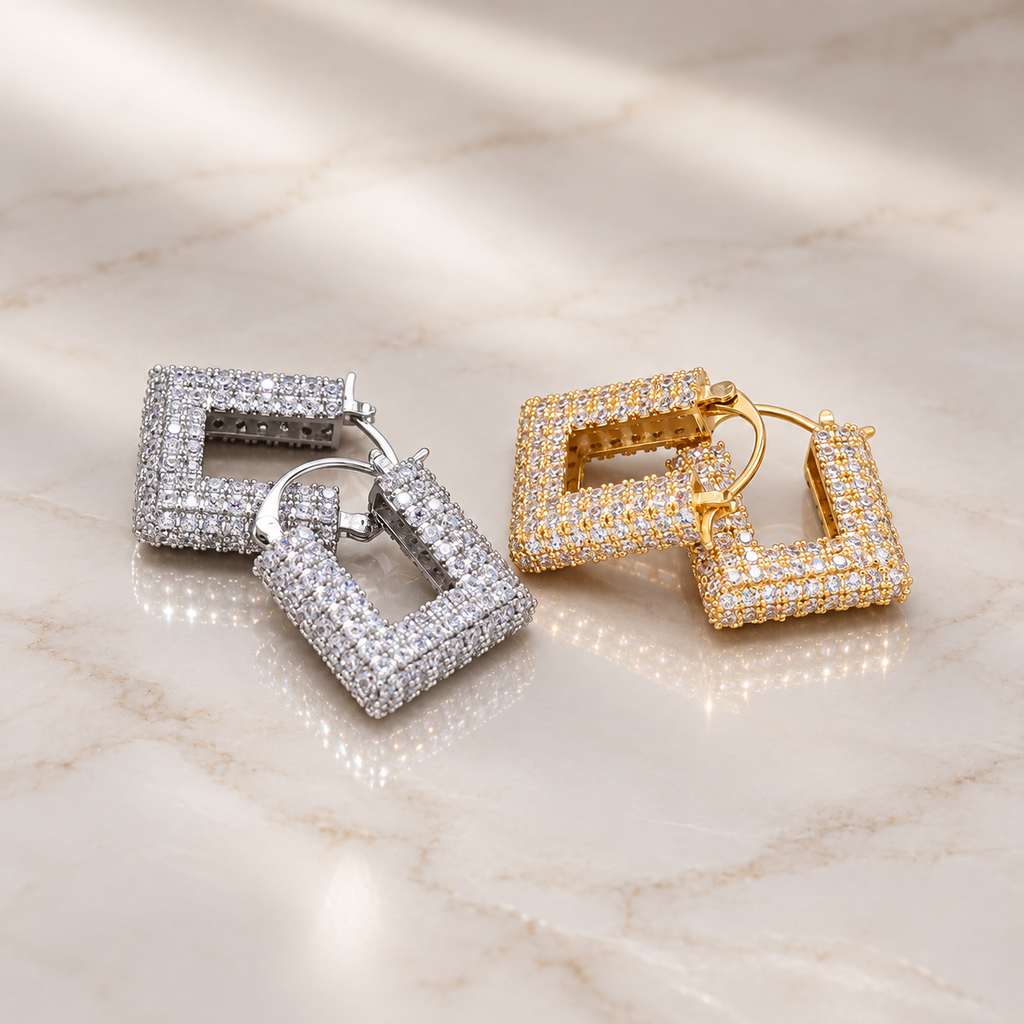 Vivienne Crystal Square Hoop Earrings – Pavé Statement Earrings in Gold or Silver Tone