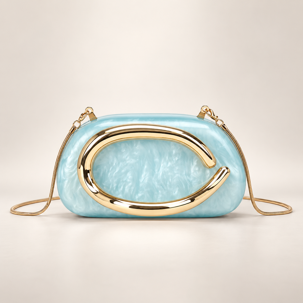 Elodie Marbled Acrylic Evening Clutch with Gold-Tone Handle & Chain Strap