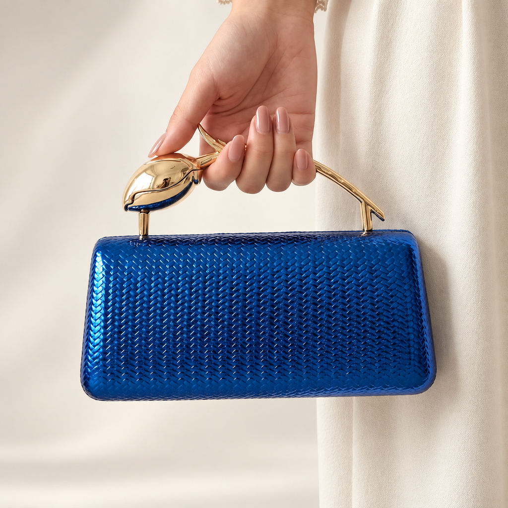 Camille Metallic Woven-Texture Evening Clutch with Sculptural Gold Handle