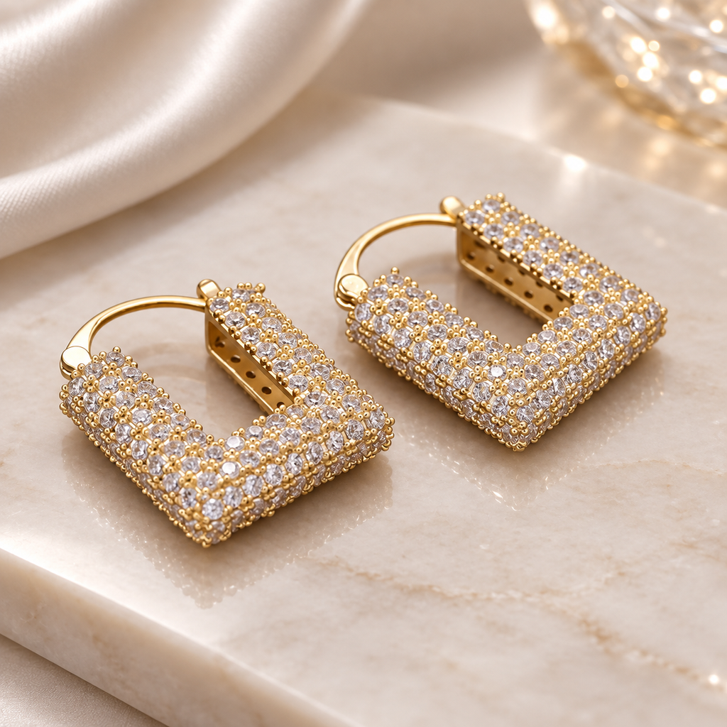 Vivienne Crystal Square Hoop Earrings – Pavé Statement Earrings in Gold or Silver Tone