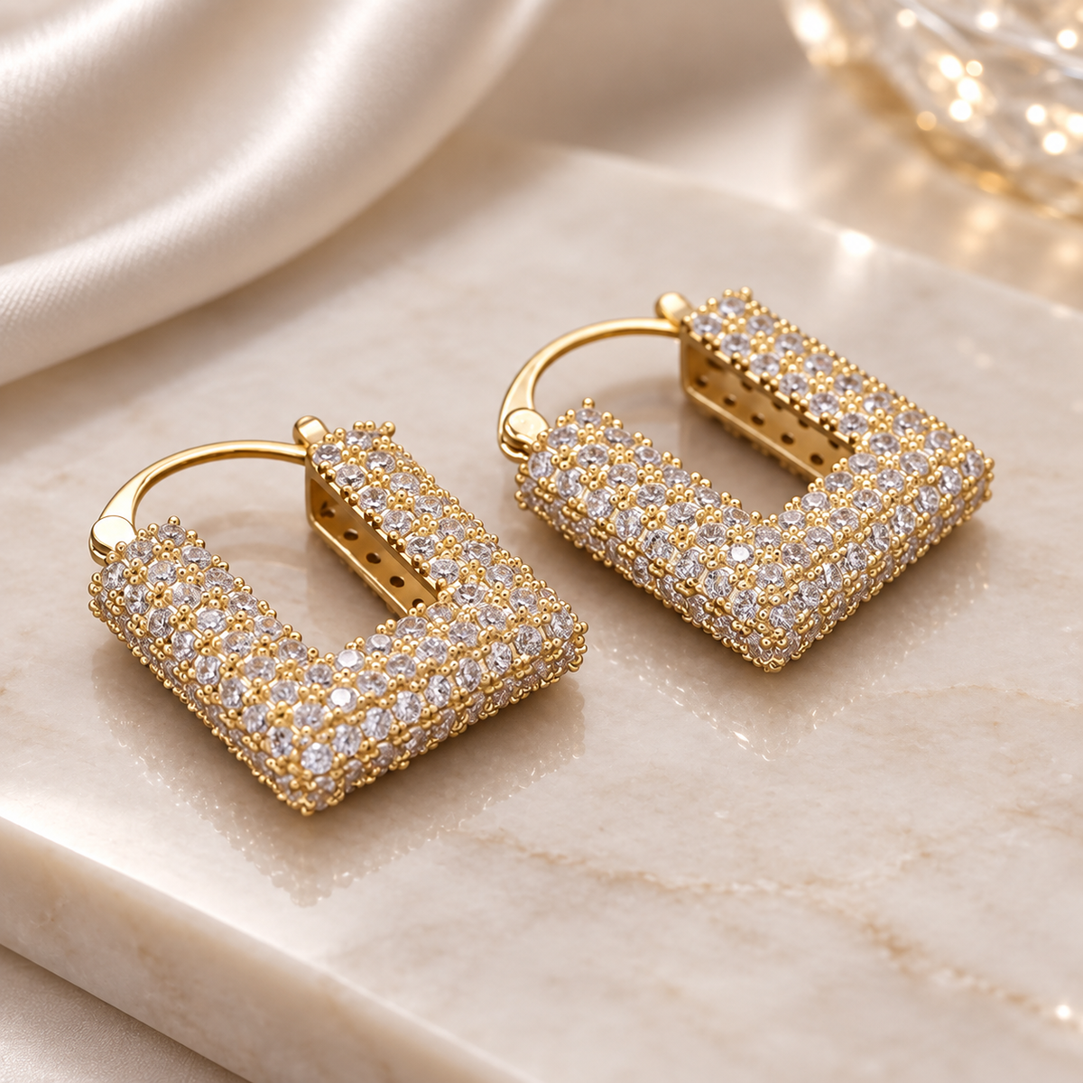 Vivienne Crystal Square Hoop Earrings – Pavé Statement Earrings in Gold or Silver Tone