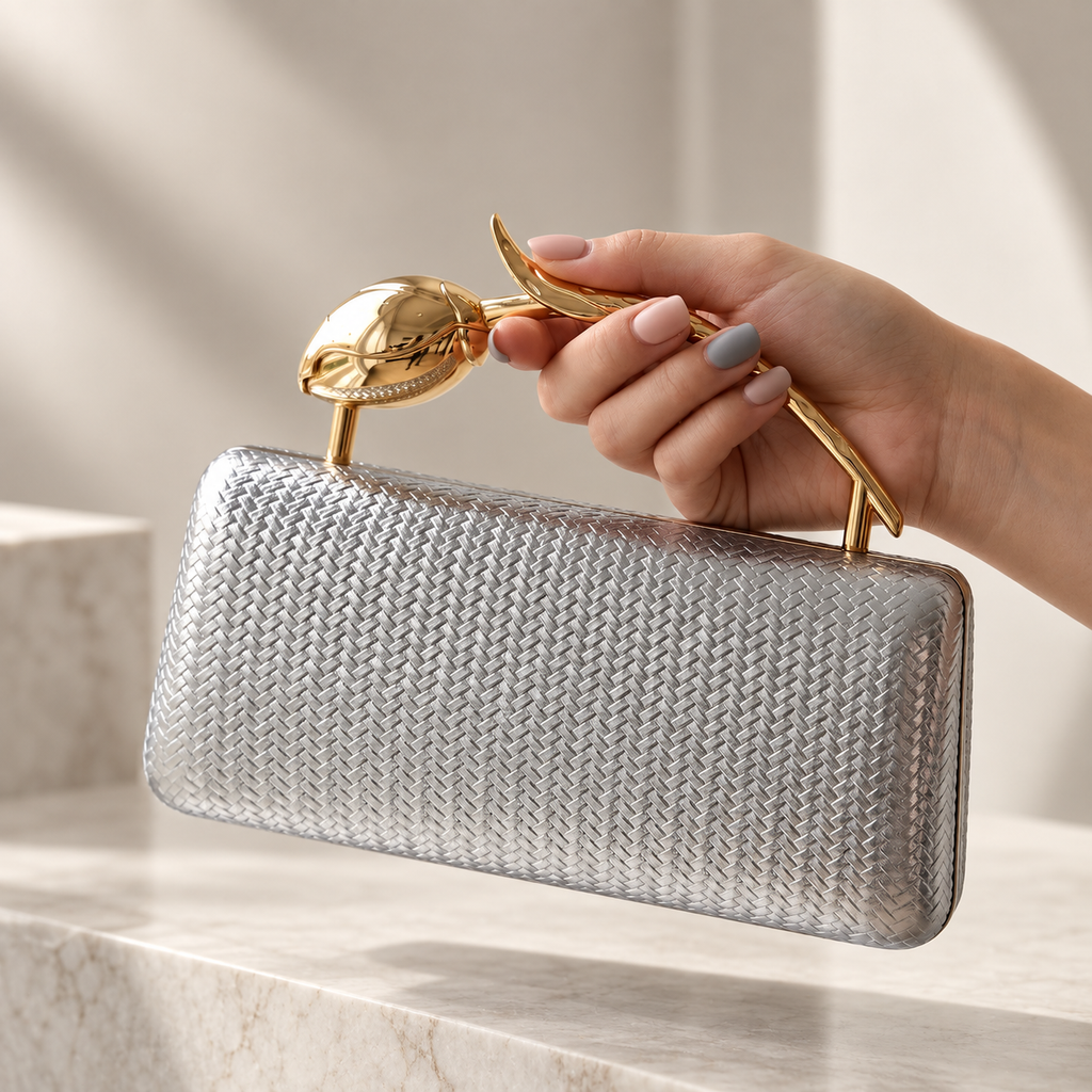 Camille Metallic Woven-Texture Evening Clutch with Sculptural Gold Handle