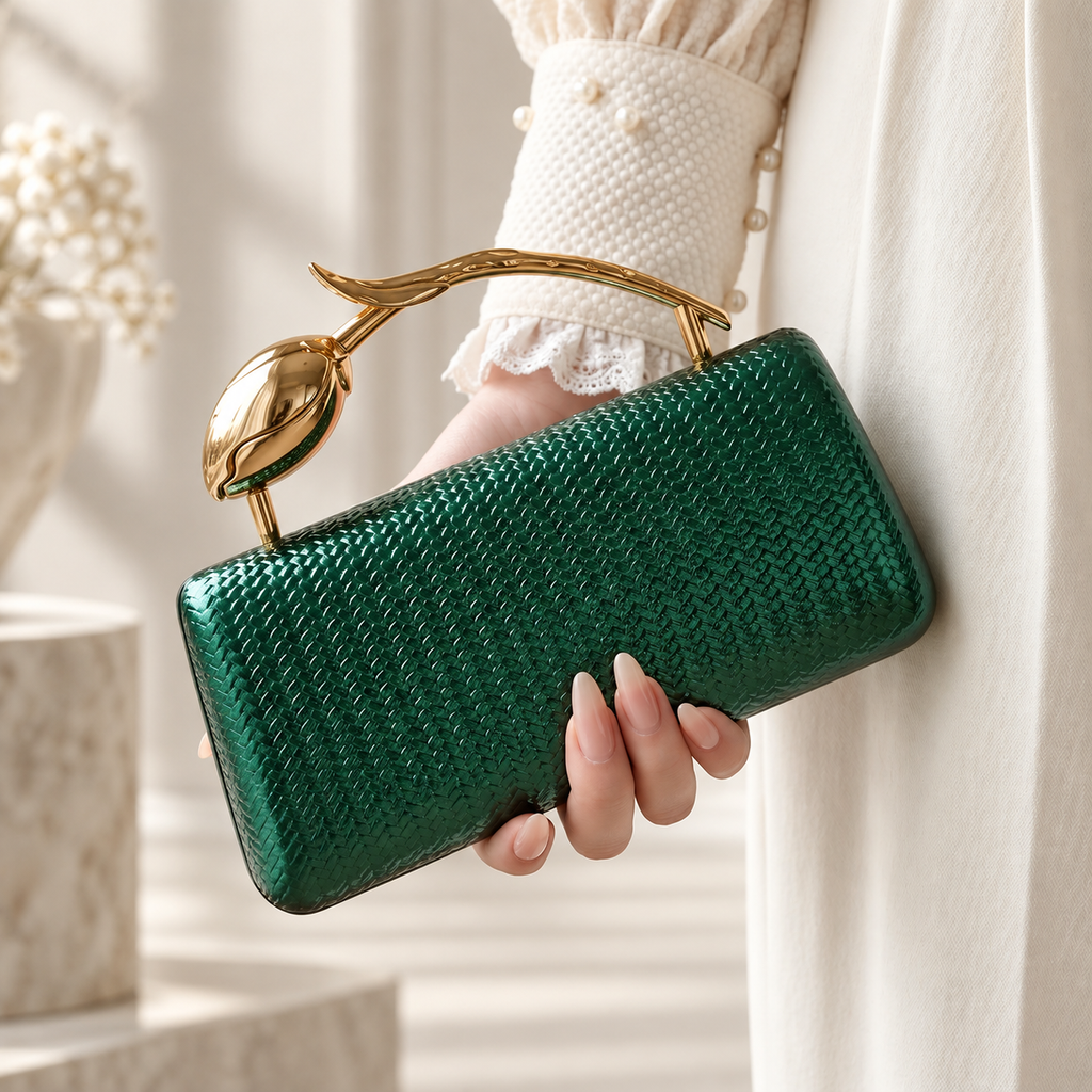 Camille Metallic Woven-Texture Evening Clutch with Sculptural Gold Handle