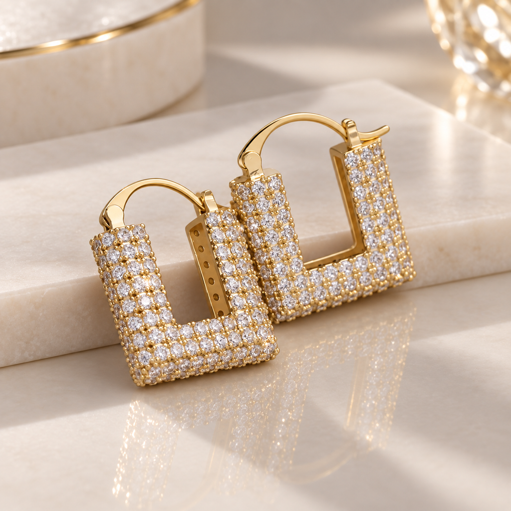 Vivienne Crystal Square Hoop Earrings – Pavé Statement Earrings in Gold or Silver Tone