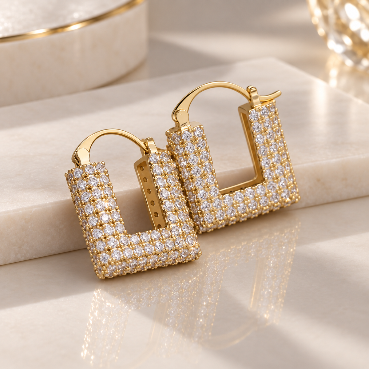 Vivienne Crystal Square Hoop Earrings – Pavé Statement Earrings in Gold or Silver Tone