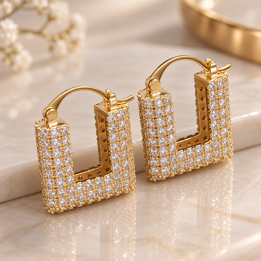 Vivienne Crystal Square Hoop Earrings – Pavé Statement Earrings in Gold or Silver Tone