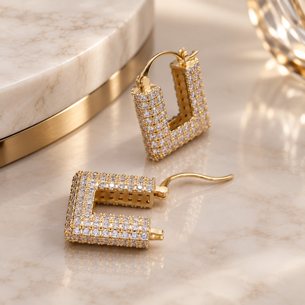 Vivienne Crystal Square Hoop Earrings – Pavé Statement Earrings in Gold or Silver Tone