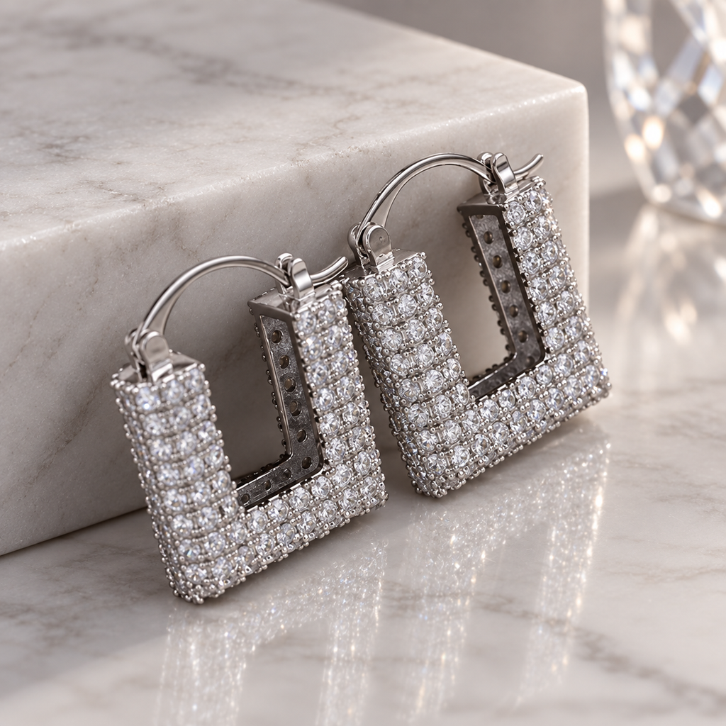 Vivienne Crystal Square Hoop Earrings – Pavé Statement Earrings in Gold or Silver Tone