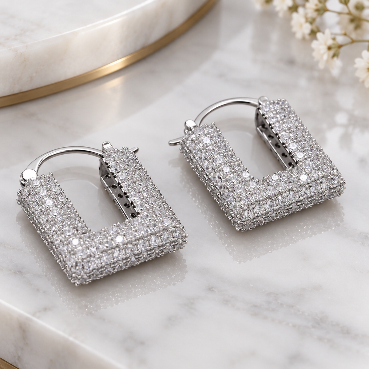 Vivienne Crystal Square Hoop Earrings – Pavé Statement Earrings in Gold or Silver Tone