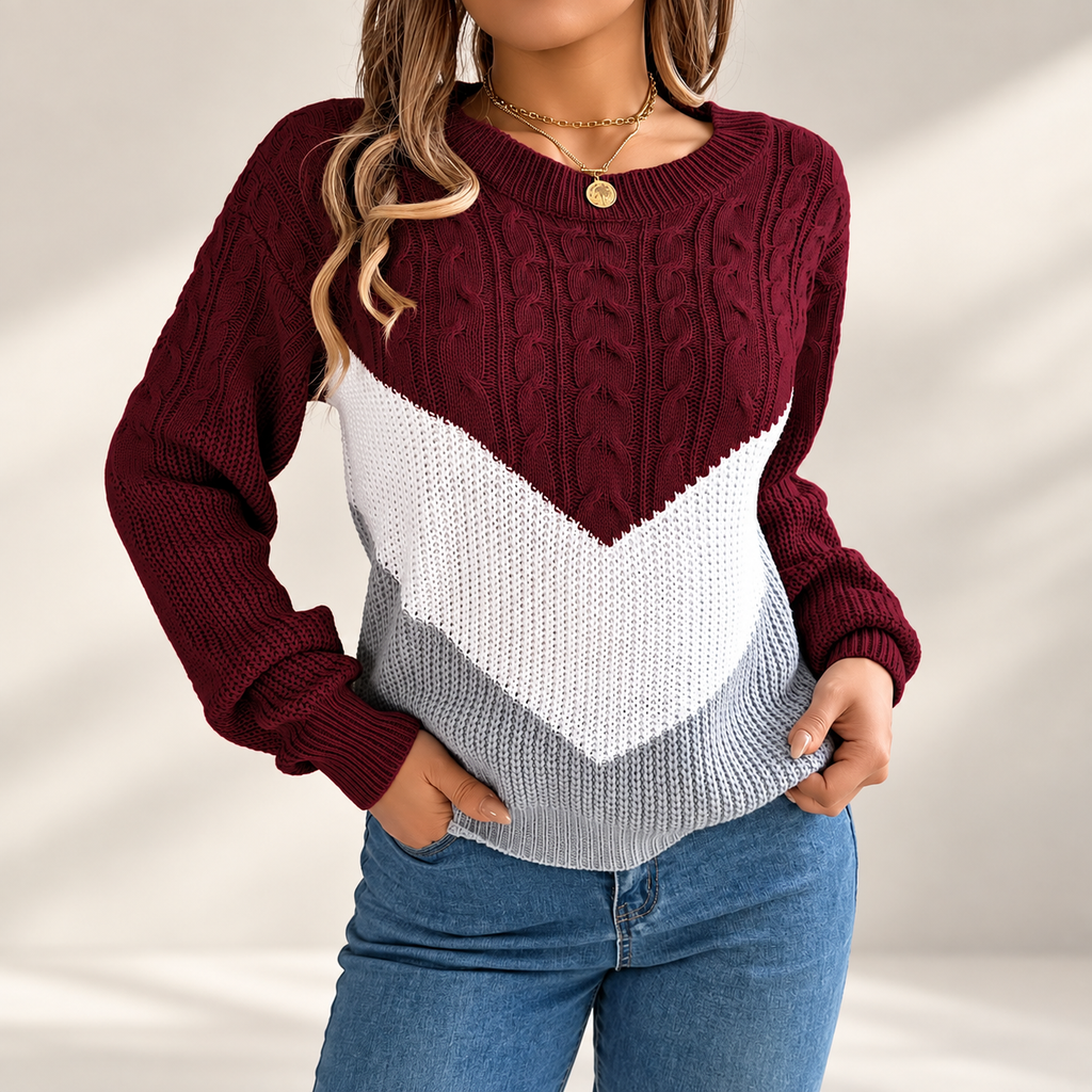 Camille Women’s Cable Knit Colorblock Crewneck Sweater