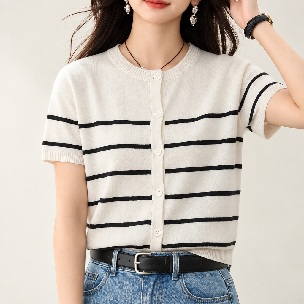 Clara Striped Short Sleeve Knit Cardigan