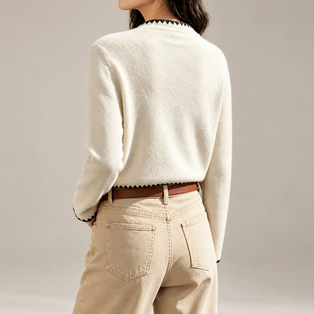 Florence Contrast Trim Knit Cardigan – Ivory V-Neck Button Front Sweater