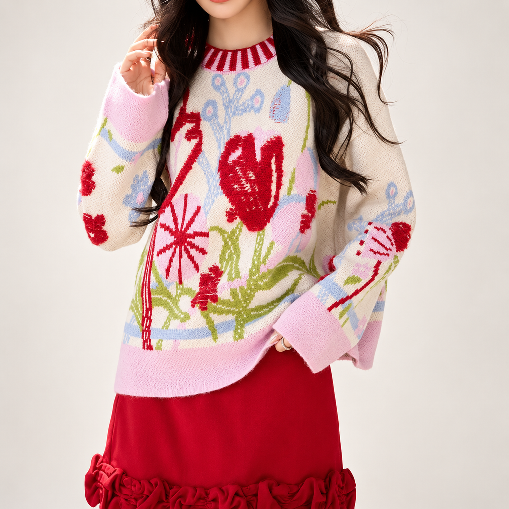 Elodie Women’s Floral Knit Crewneck Sweater