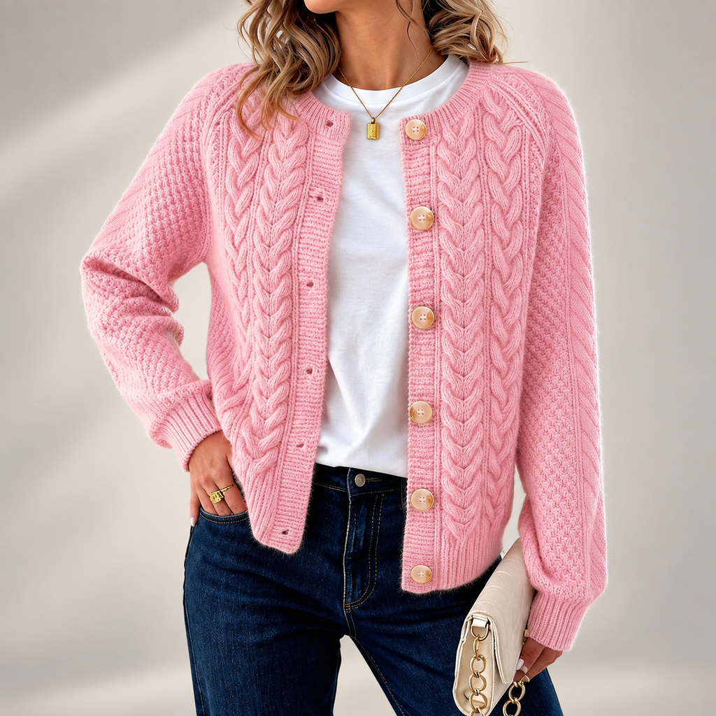 Penelope Cable Knit Button Cardigan – Pink Crew Neck Women’s Sweater