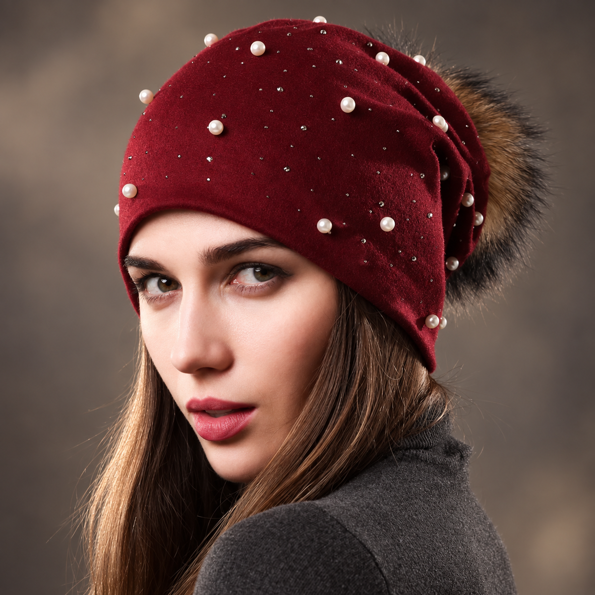 Cambria Women’s Pearl Embellished Slouch Beanie – Fur-Look Pom Winter Hat