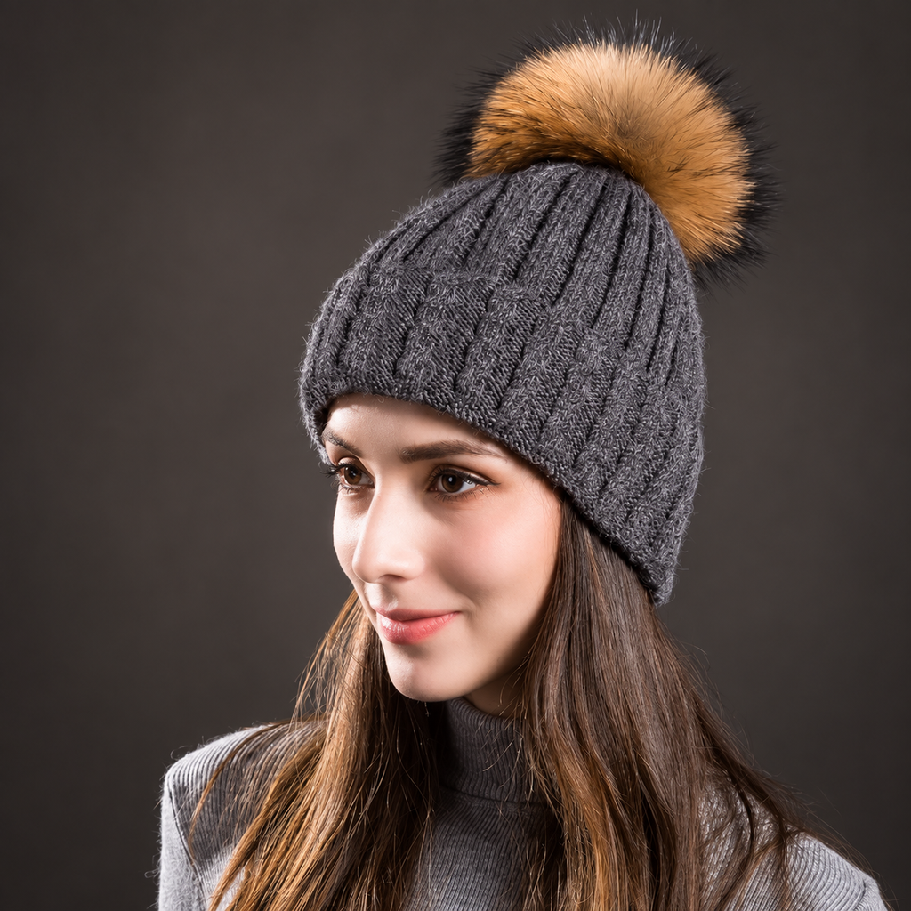 Gianna Women’s Cable Knit Pom-Pom Beanie – Braided Winter Hat