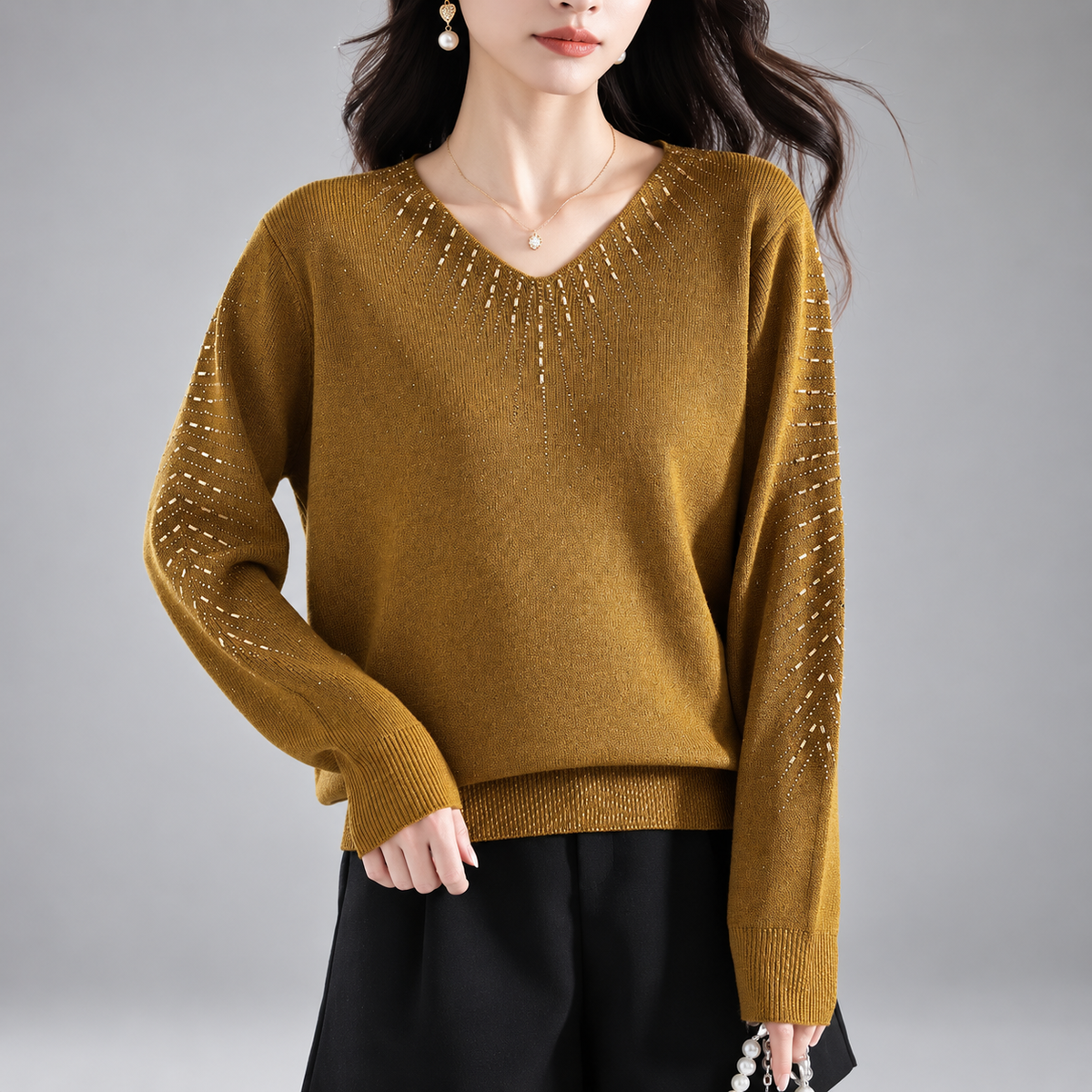 Serafina Women’s V-Neck Embellished Knit Sweater – Long Sleeve Rhinestone Detail Pullover