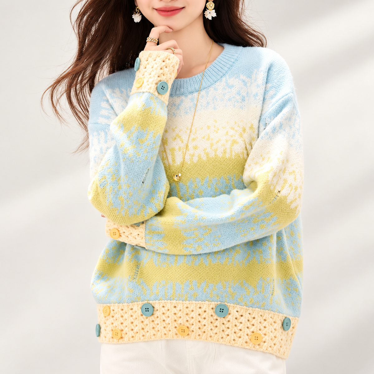 Aurelia Women’s Pastel Fair Isle Button-Trim Knit Sweater