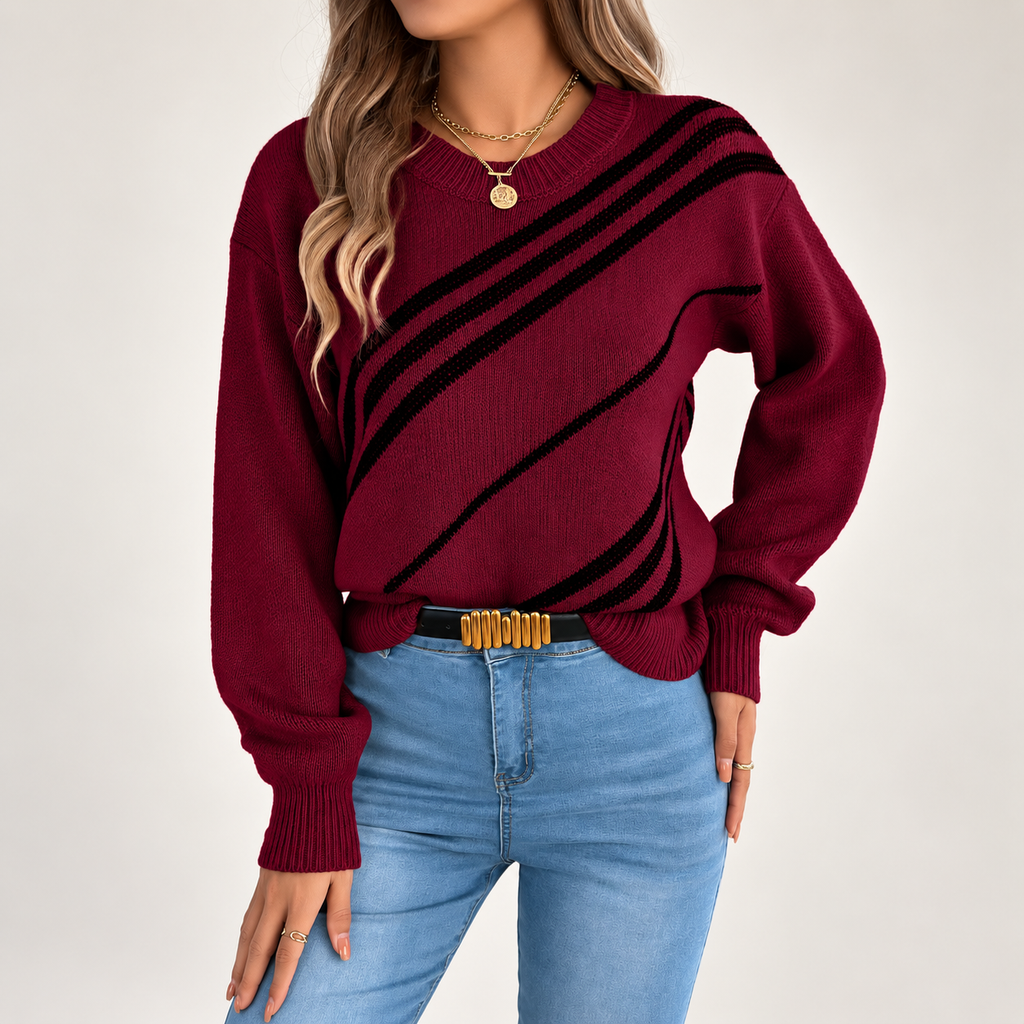 Sienna Women’s Diagonal Stripe Crewneck Knit Sweater