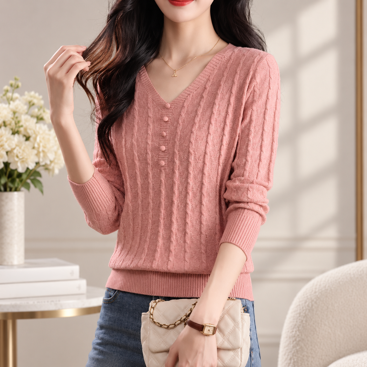 Francesca Women's Cable Knit V-Neck Sweater with Decorative Button Placket