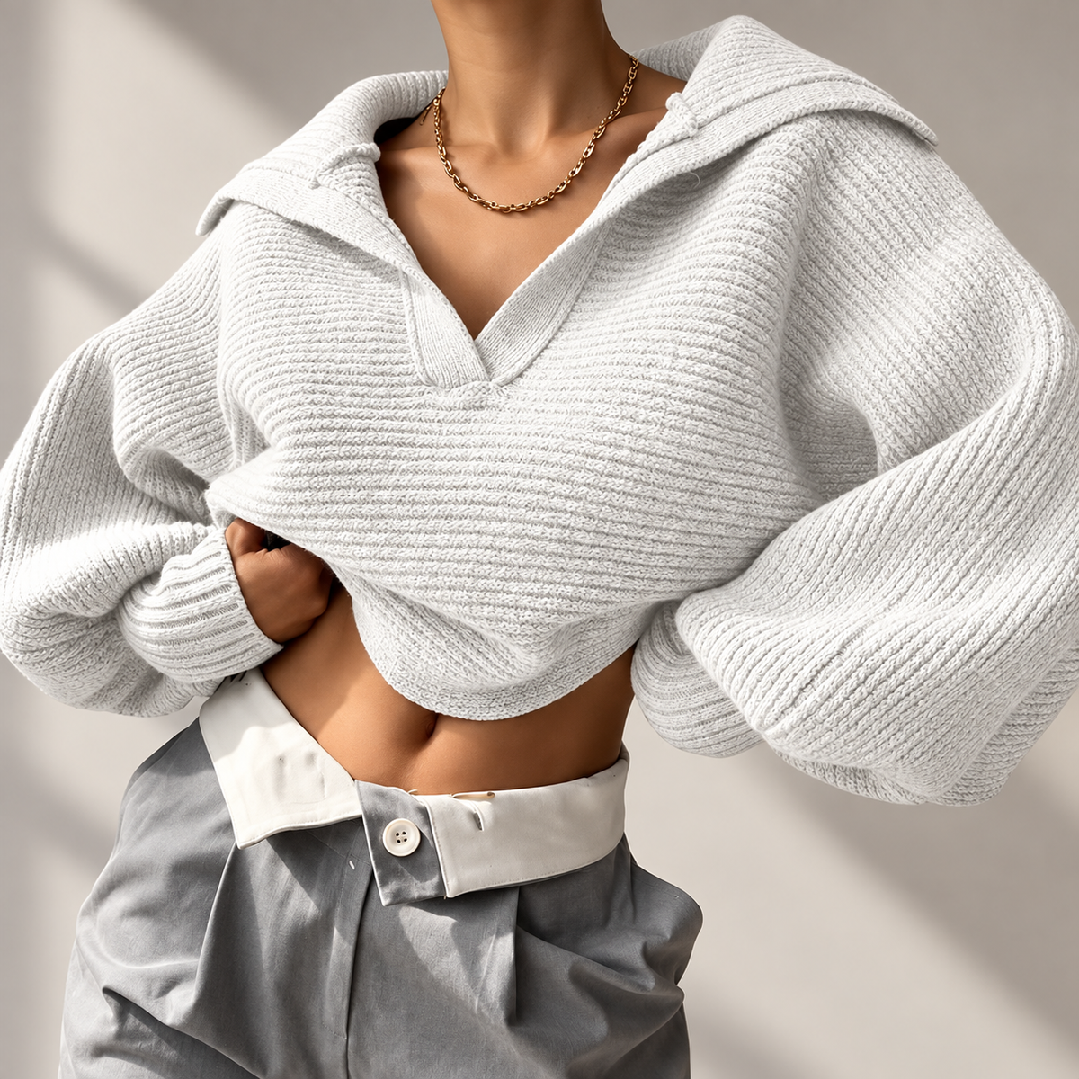 Colette Women’s Oversized Collared Knit Sweater – Ribbed Long Sleeve Pullover