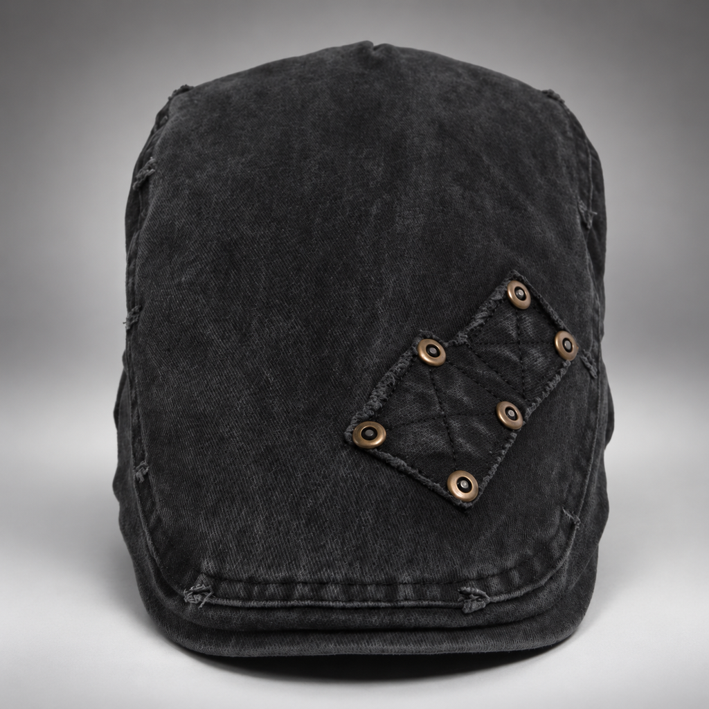 Callum Washed Flat Cap with Rivet Patch and Adjustable Buckle