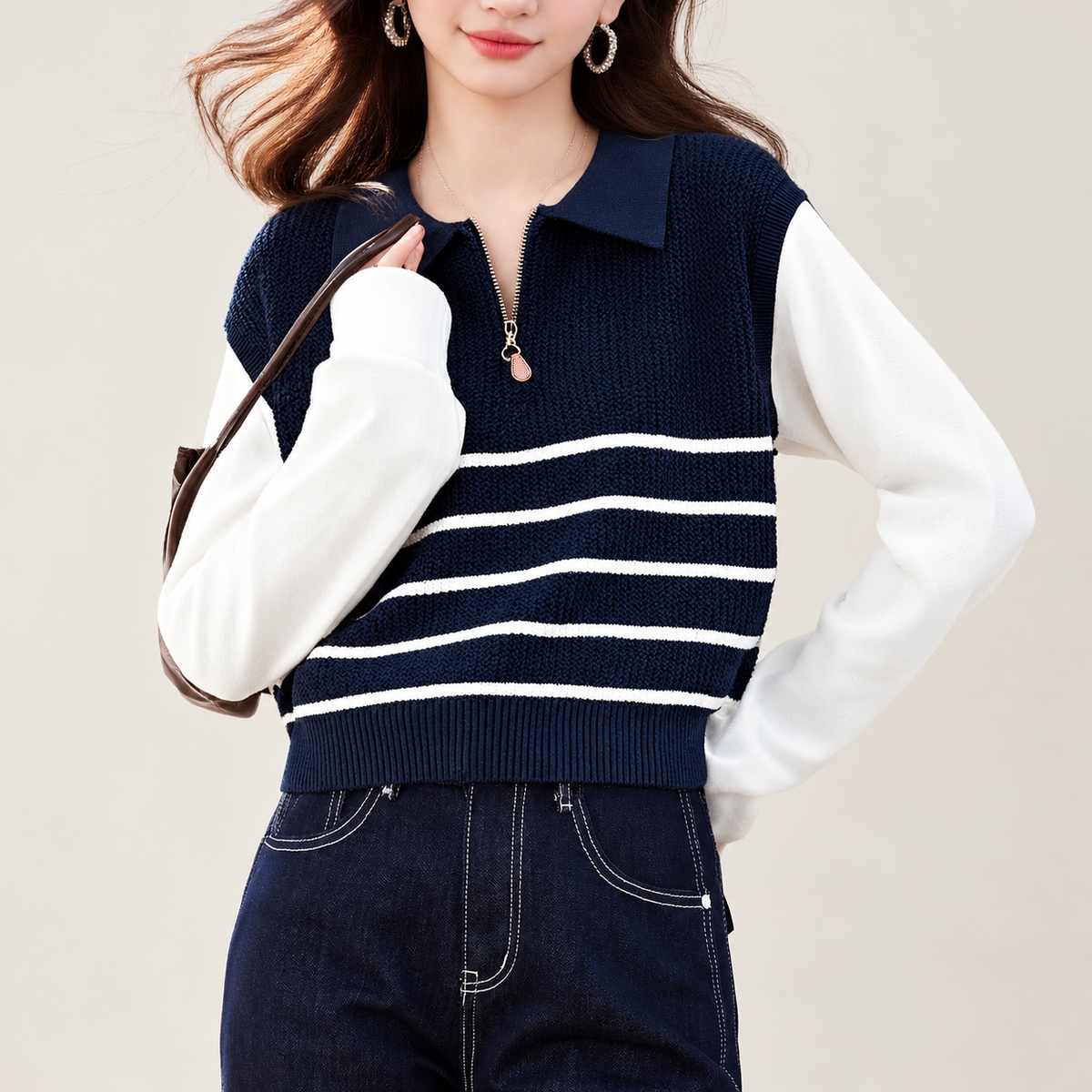 Lucia Striped Quarter-Zip Knit Top