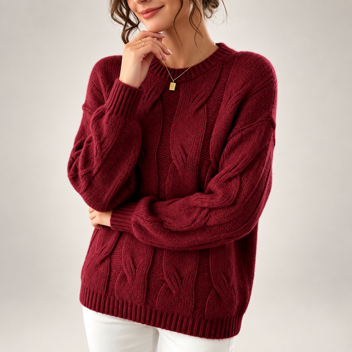 Camille Women’s Burgundy Cable Knit Crew Neck Sweater