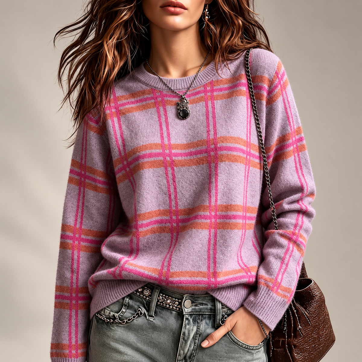 Sienna Women’s Lilac Plaid Crew Neck Knit Sweater