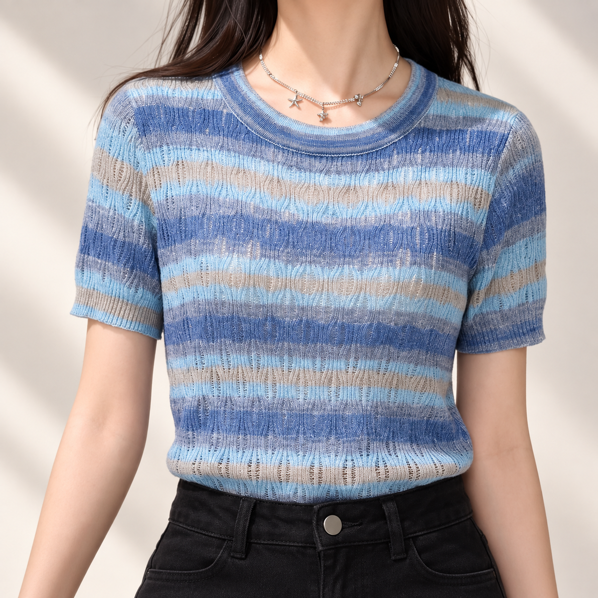 Elena Women’s Sheer Knit Striped Short Sleeve Top