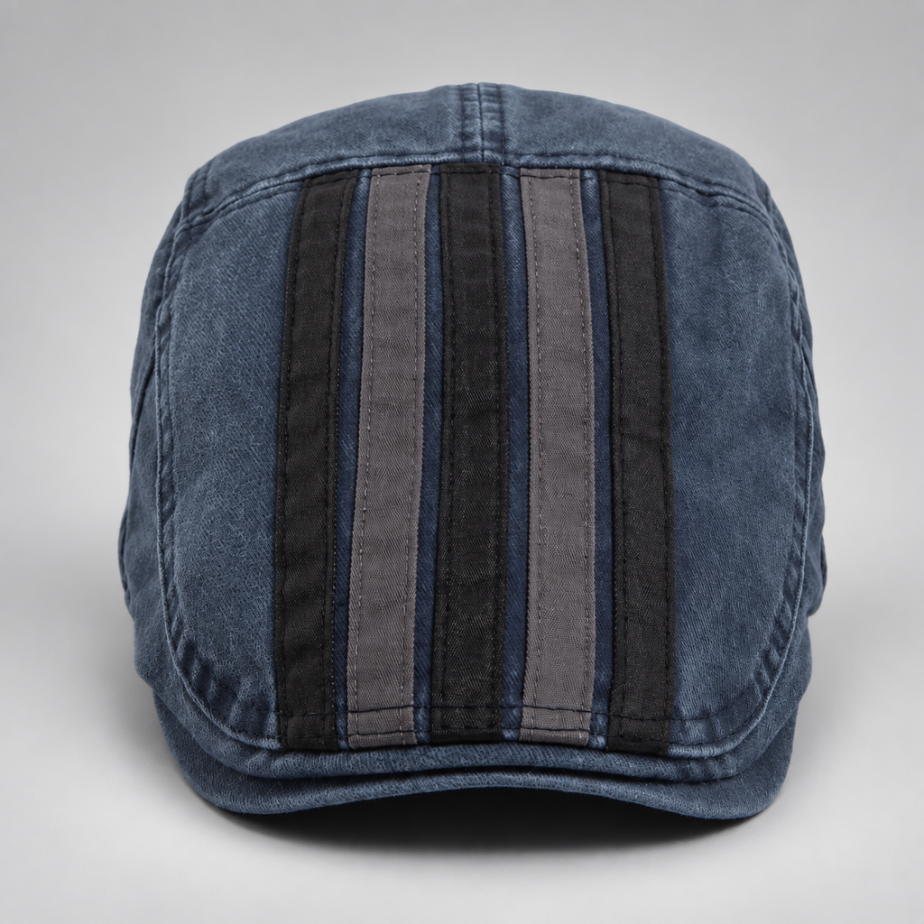 Alistair Washed Stripe Flat Cap with Adjustable Buckle