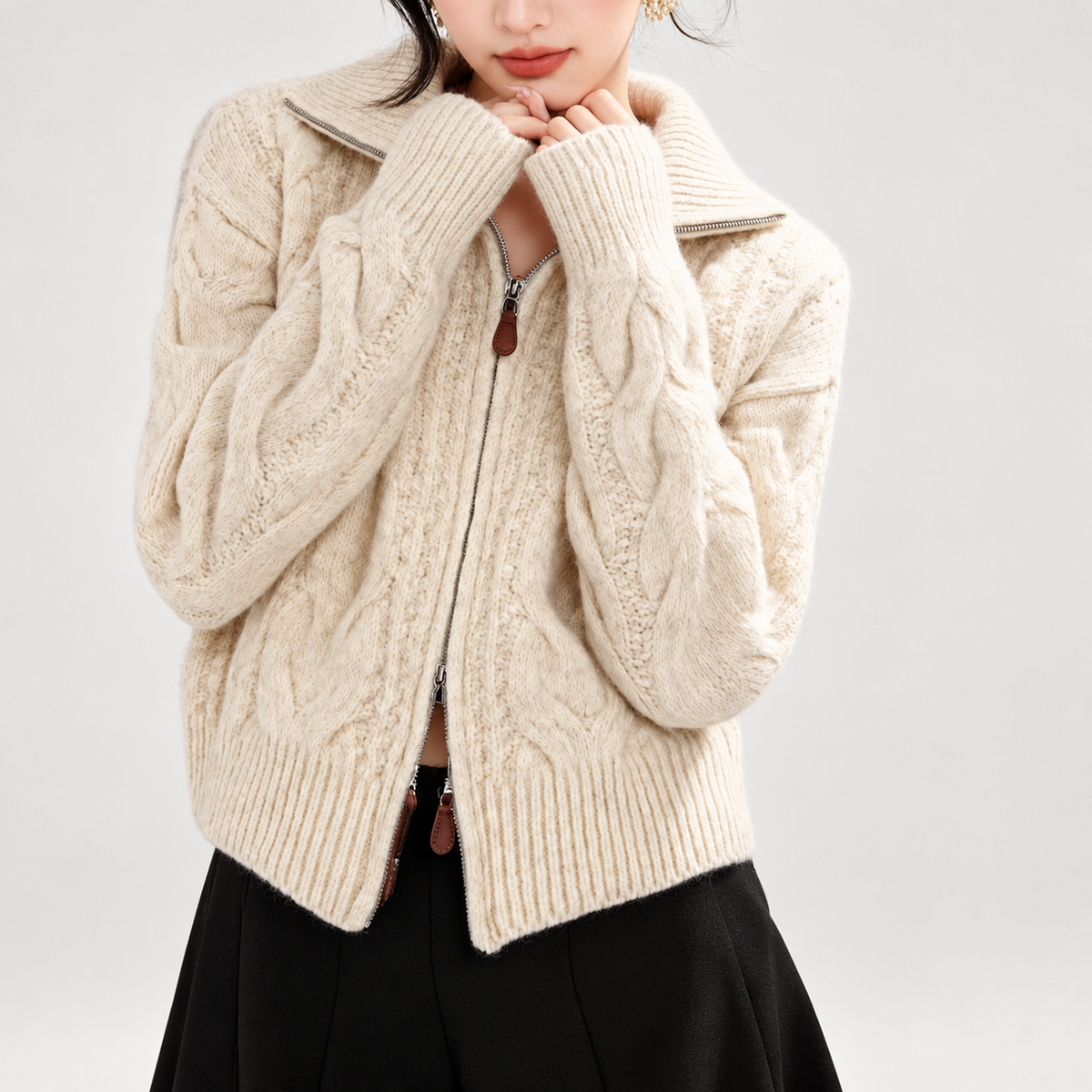 Elena Women’s Cable Knit Zip Cardigan with Stand Collar