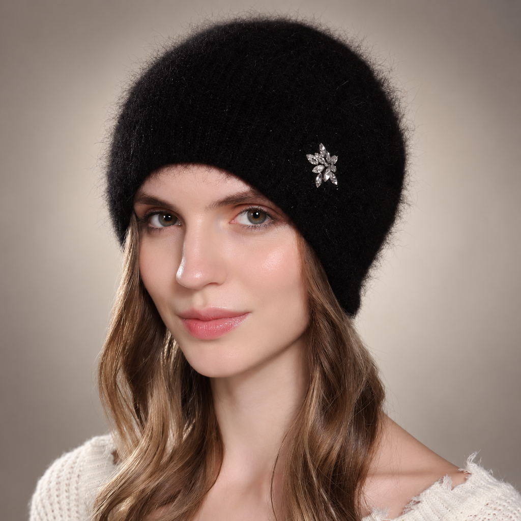Isabelle Women’s Fuzzy Knit Beanie – Rhinestone Accent Winter Hat