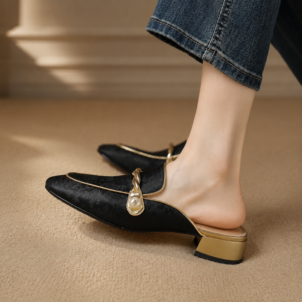 Bianca Satin Floral Mules for Women – Low Heel Slip-On Dress Shoes