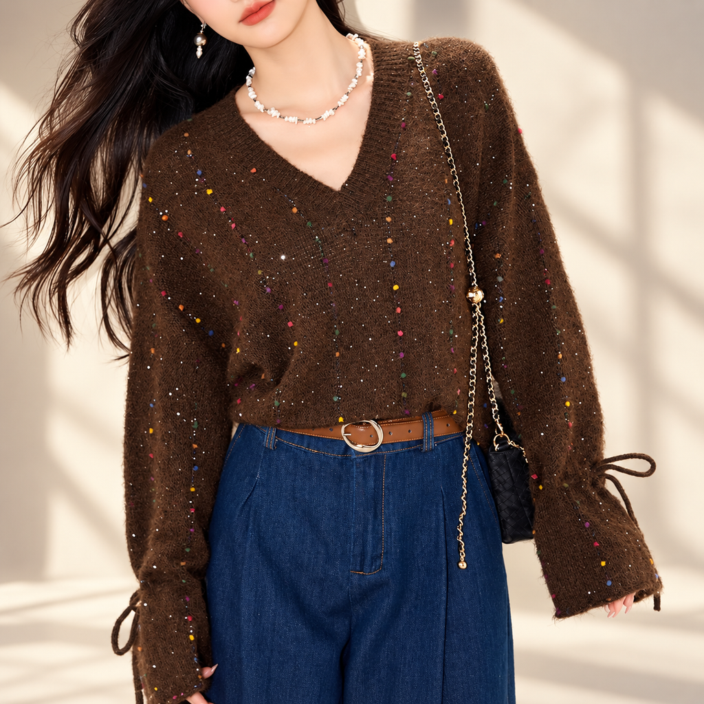 Rosalie Women’s Confetti V-Neck Tie-Cuff Knit Sweater