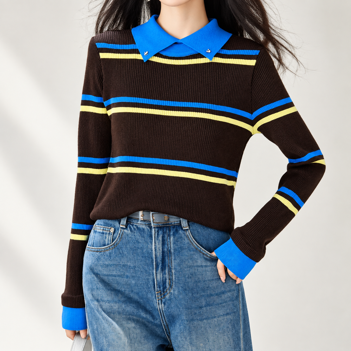 Elena Striped Ribbed Knit Polo Sweater