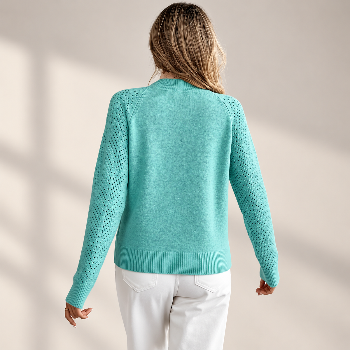Camille Aqua Pointelle Sleeve Button-Detail Knit Sweate