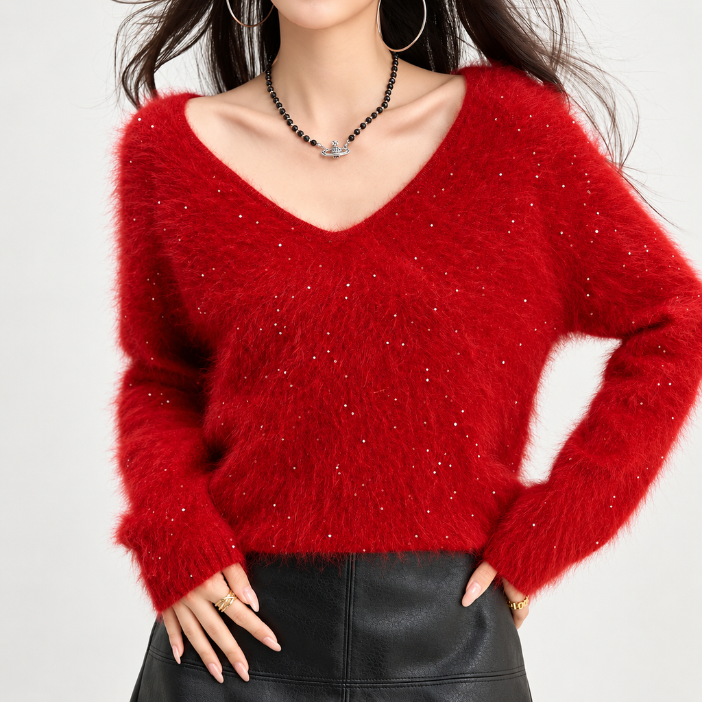 Bianca Women’s Red Fuzzy V-Neck Sweater