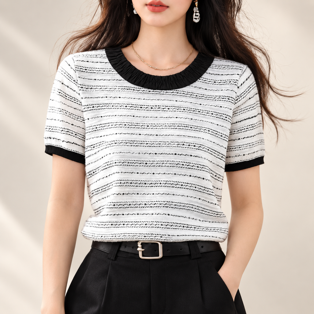 Camille Contrast-Trim Striped Knit Short Sleeve Top