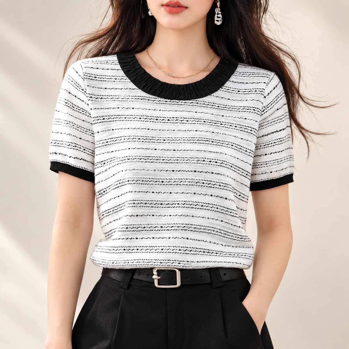 Camille Contrast-Trim Striped Knit Short Sleeve Top