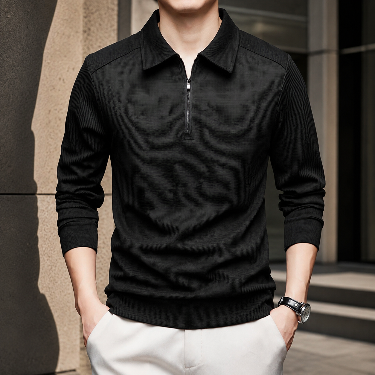 Lorenzo Men's Textured Quarter-Zip Long Sleeve Polo Shirt